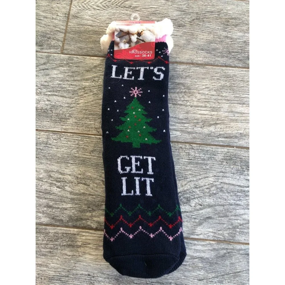 NWT Slipper Socks Let's Get Lit Christmas Trees Holiday Lu Mei‎ Stocking Stuffer